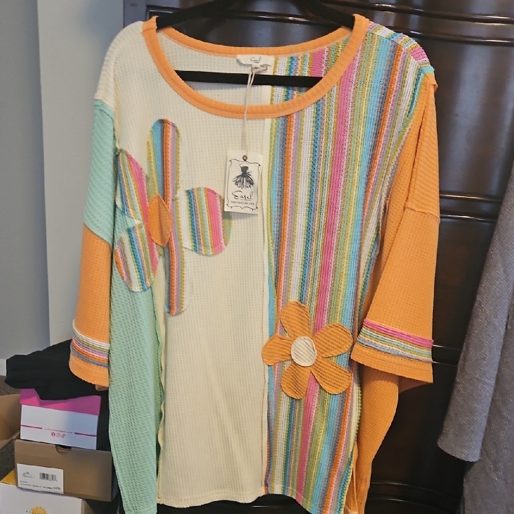 Easel Multicolor Striped and Floral Top